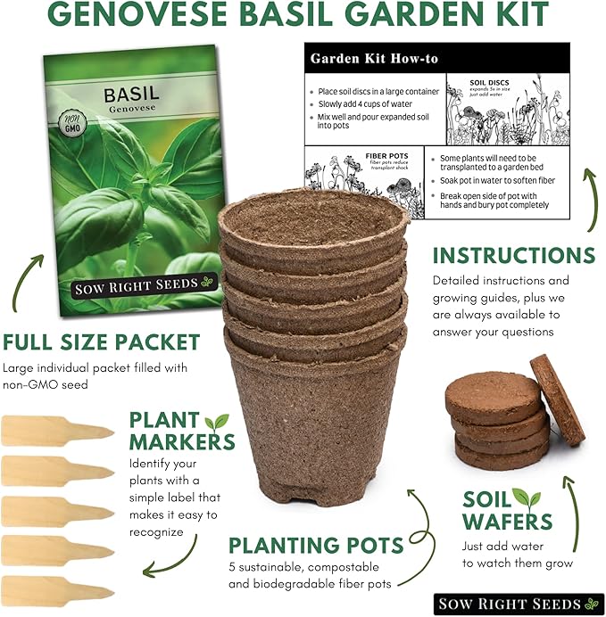 Sow Right Seeds - Genovese Basil Garden Kit - Non-GMO Heirloom Herb Seeds for Planting Indoors - Includes Pots & Potting Soil - Complete Growing Set-Up for Home Garden - Makes a Good Gardening Gift