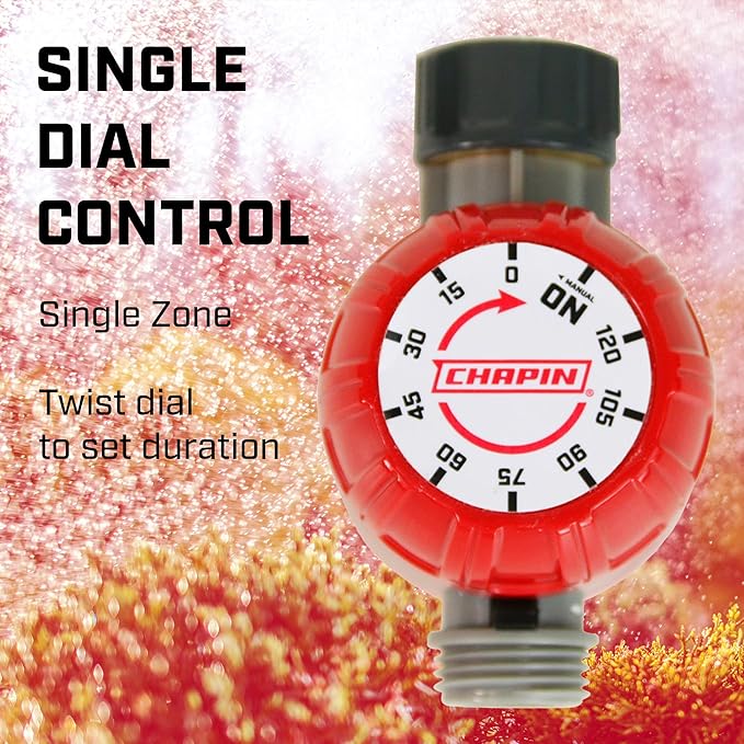 Chapin 41004: Mechanical Water Timer, Up to 120 Minutes of Watering, for Lawn and Gardens, Fits Standard Garden Hoses, Red/Gray