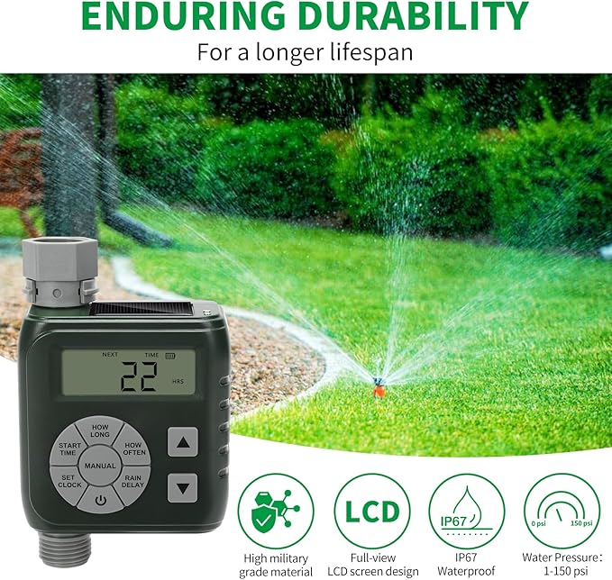 Sprinkler Timer, Zuomeng Water Timer for Garden Hose with Dual Power Design, Professional Anti-Leak Technology, Smart Irrigation with Rain Delay, Automatic/Manual Mode for Efficient Watering, Green