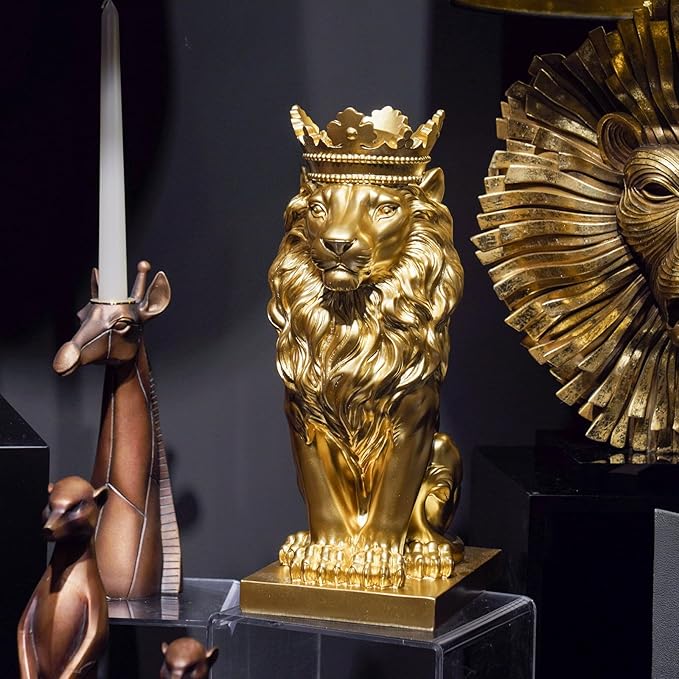 Gold Room Décor Lion Statue – 15 Inch Gold Statue Lion Figurine House Decorations with Crown Lion Statues Home Décor Lion Decoration Décor for Living Room Gold Décor 8.5 * 5.5 * 15 Inch
