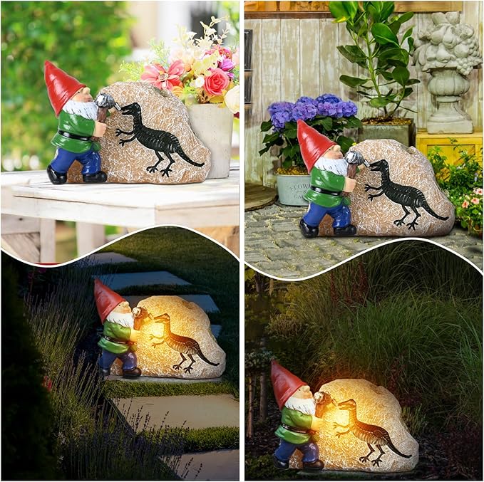Garden Gnome Statues-Solar Gnomes Statues-Outdoor Gnome Figurine Decor Dinosaur Resin Decoration for Patio Yard Lawn Ornament Gnomes Gift for Woman 5.5 Inches