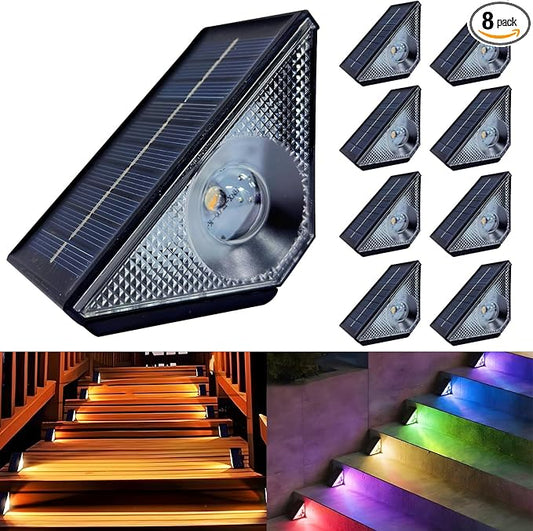 Solar Step Lights, 8 Pack Solar Stair Lights Outdoor Waterproof, Warm White/7 RGB Colors LED Outdoor Deck Light, Outside Lighting Decor for Garden Stair, Deck, Front Step, Front Porch, and Patio