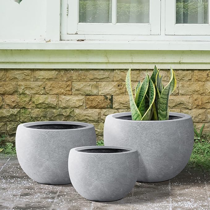 Kante 19.9",15.7",11.8" Dia Round Concrete Planter Set of 3, Outdoor/Indoor Large Bowl Plant Pots with Drainage Hole and Rubber Plug for Garden Patio Balcony Home, Slate Gray