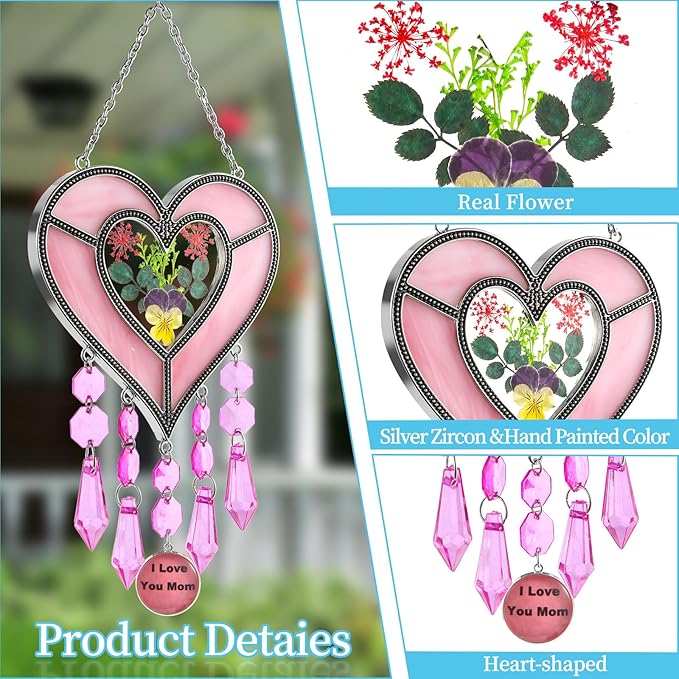 Gifts for Mom Suncatcher Heart Shaped I Love You Mom - Colored Glass Light Catcher Hanging Wind Chime Decorations Window Gifts Mother's Day Valentine's Day Birthday Christmas (Pink)
