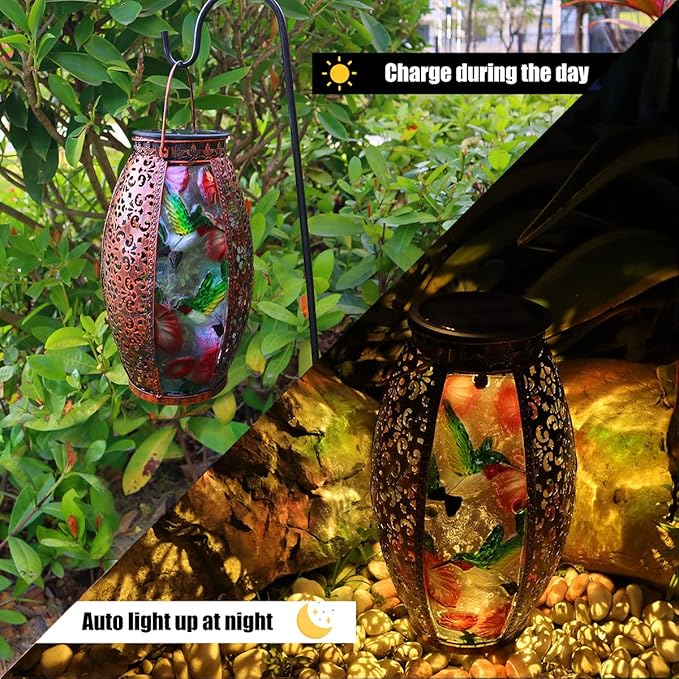 Solar Lanterns Outdoor Light - Solar Powered LED Hummingbird Glass Lights Decorative Waterproof Tabletop Lamp with Hollowed-Out Design for Indoor Yard Table Patio Garden Pathway Holiday