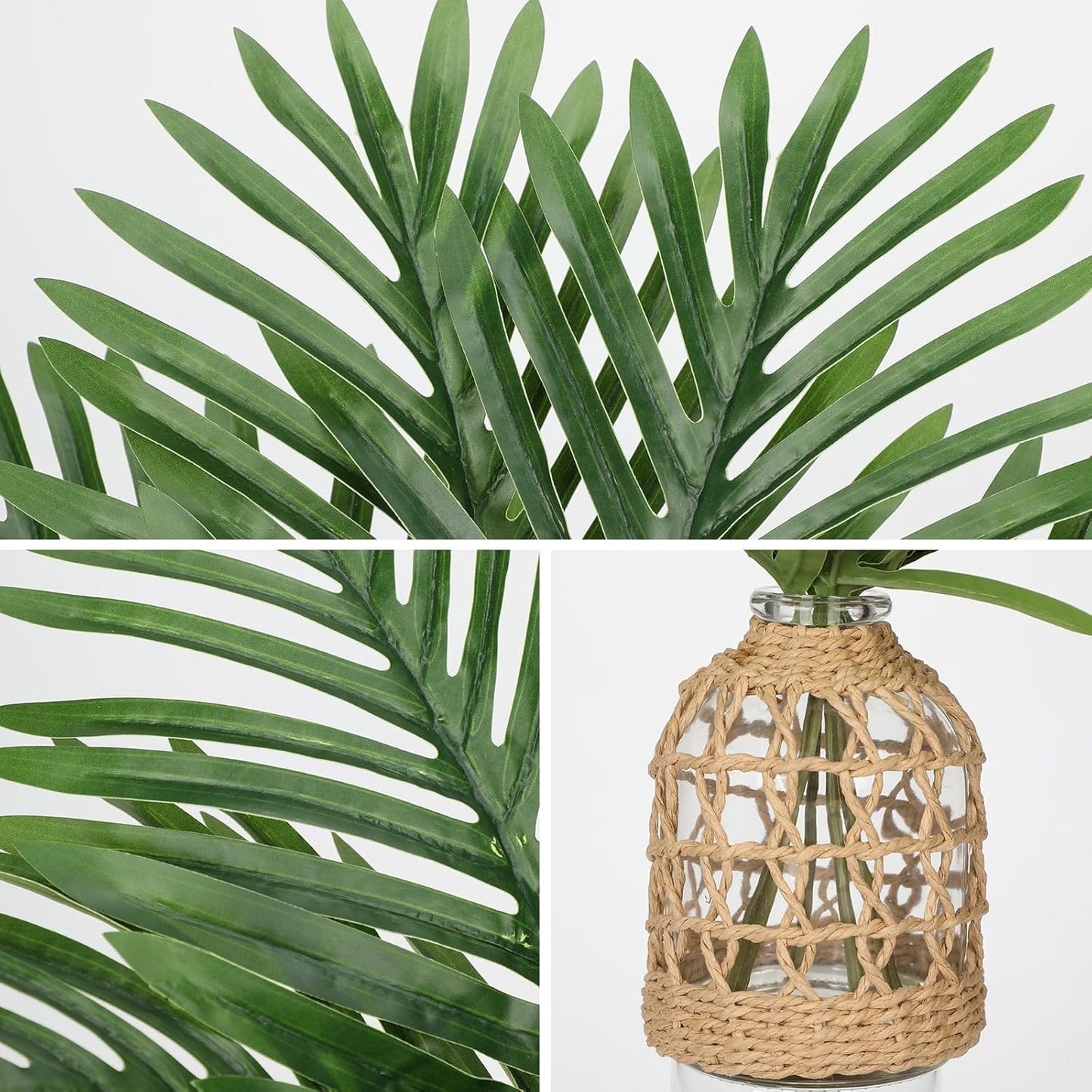 Fake Plants 14.2" Faux Palm Plant in Glass Vase, Realistic Tropical Fake Palm House Plants Artificial Palm Leaves Greenery Stems for Home Bathroom Office Farmhouse Balcony Shelf Centerpiece Décor