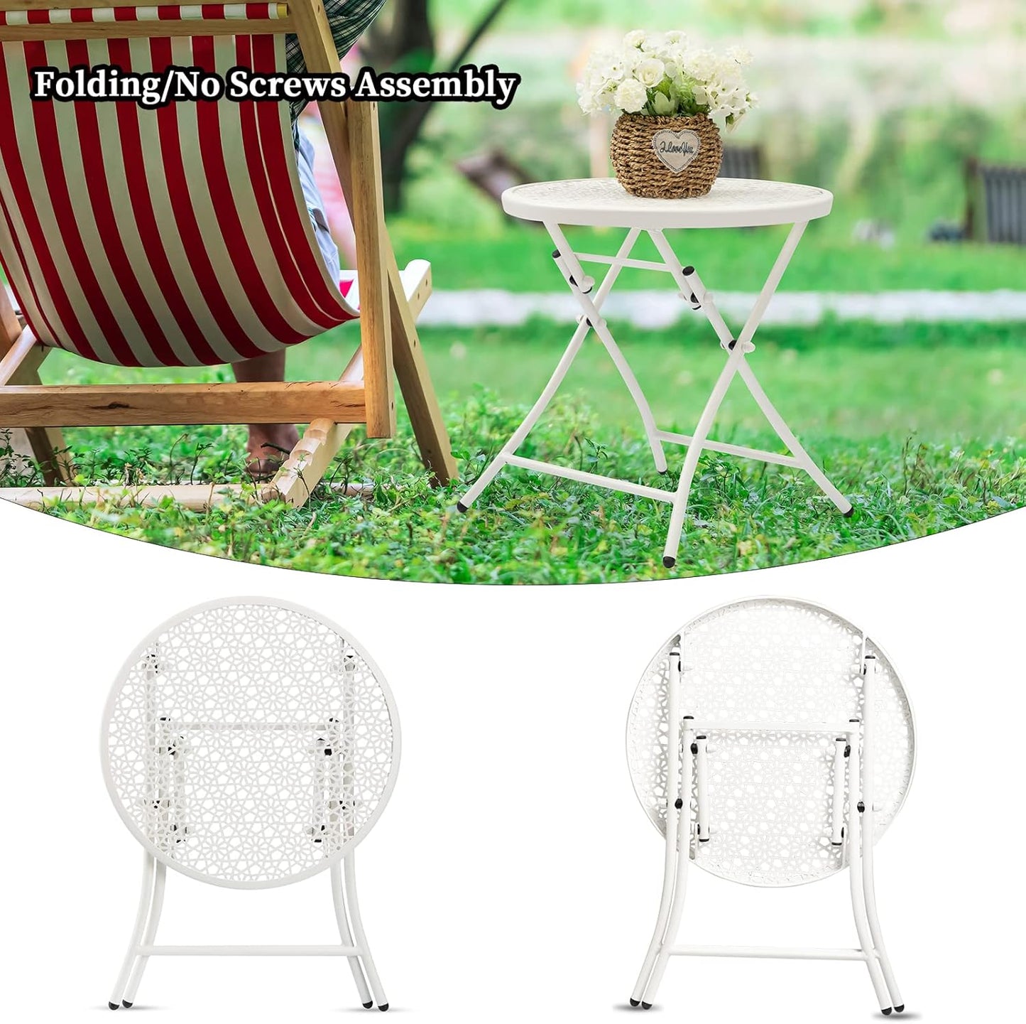 TeoKJ Folding Outdoor Side Tables, Anti Rust Small Patio Table Round Metal Nightstand with Flower Cutouts for Porch Yard Balcony Deck Lawn, White