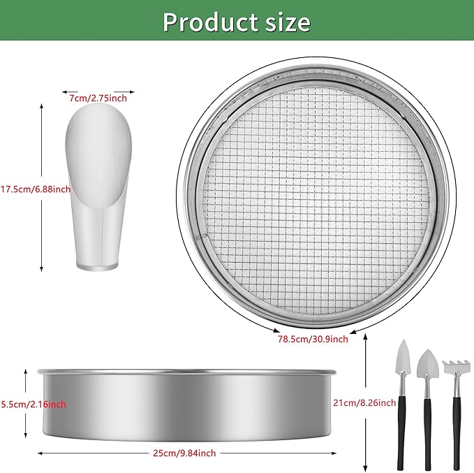 LABALPHA Soil Sifter for Gardening Set, Stainless Sifting Pan Soil Sand Sieve with 4pcs Garden Shovels, 9.84" Sifting Pan Contain 3 Sieve Mesh (0.118", 0.236",0.354")