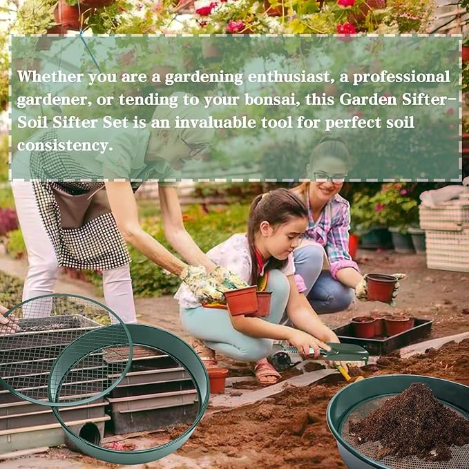 Soil Sifter - Garden Soil Sifter, Stainless Steel Riddle Sieve Set Garden Potting Sieve, with 5 Interchangeable Filter Mesh Sizes 3,6,9,12mm and Shovel, for Rocks, Dirt, Compost and Potting Soil