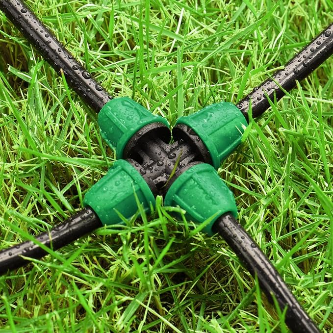 1/4 Inch Drip Irrigation Fittings, Lock Barbed 4 Way Couplings for ¼ in. Tubing, 25 Pieces Drip Irrigation Parts Locked Cross Connectors, Drip Line Nuts Connectors for 1/4" Drip Irrigation Hose