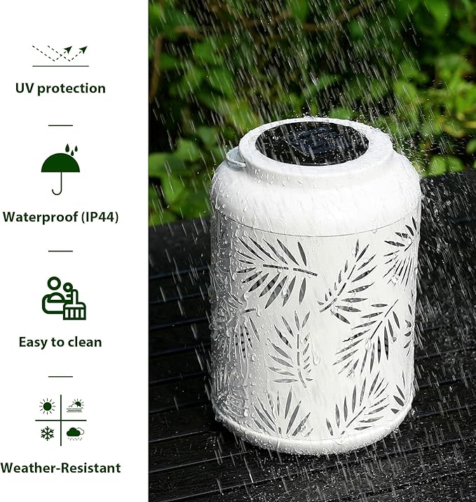 Glitzhome Solar Lantern White Metal Cutout Leaf Outdoor Hanging Solar Light with Handle for Garden Patio Yard Outdoor Decor
