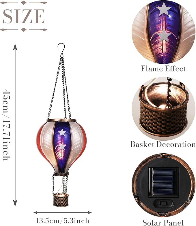 TERESA'S COLLECTIONS America Fourth of July Decorations, Hot Air Balloon Solar Lantern for Garden Decor,Gifts for Women + Memorial Day 17.7'' Hot Air Balloon Solar Lantern