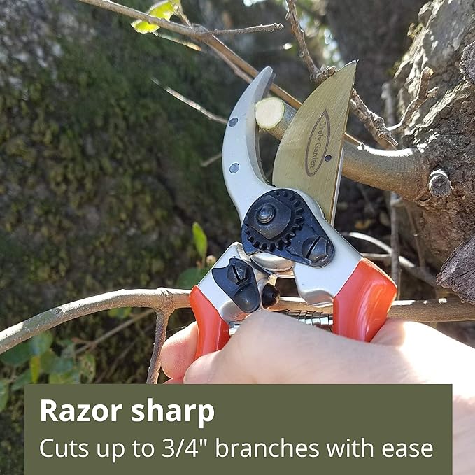 Hand Pruners with Leather Sheath. These 8.5" Bypass Pruning Shears have a forged aluminum handle and hardened steel blade.