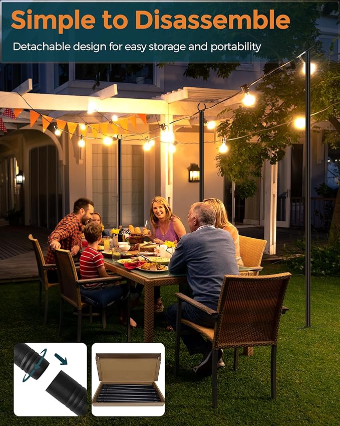 LAND·VOI Metal String Light Poles for Outside Hanging - Backyard, Garden, Patio, 1 Pack Lighting Stand with Adjustable Height for Outdoor Parties, Wedding, Extra-Long 5-Prong Claws, (9.6FT) FLP01B