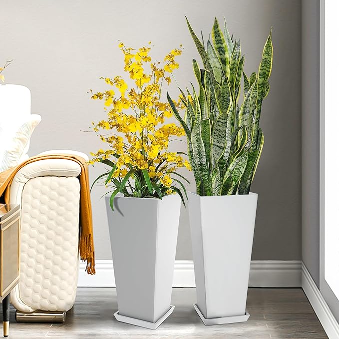 Set of 2 Large Tall Planter for Indoor or Outdoor 24" Tall Flower Pots Tapered Tall Planters with Tray for Porch, Patio, Backyard, Large Planters for Outdoor Indoor Plants(White)