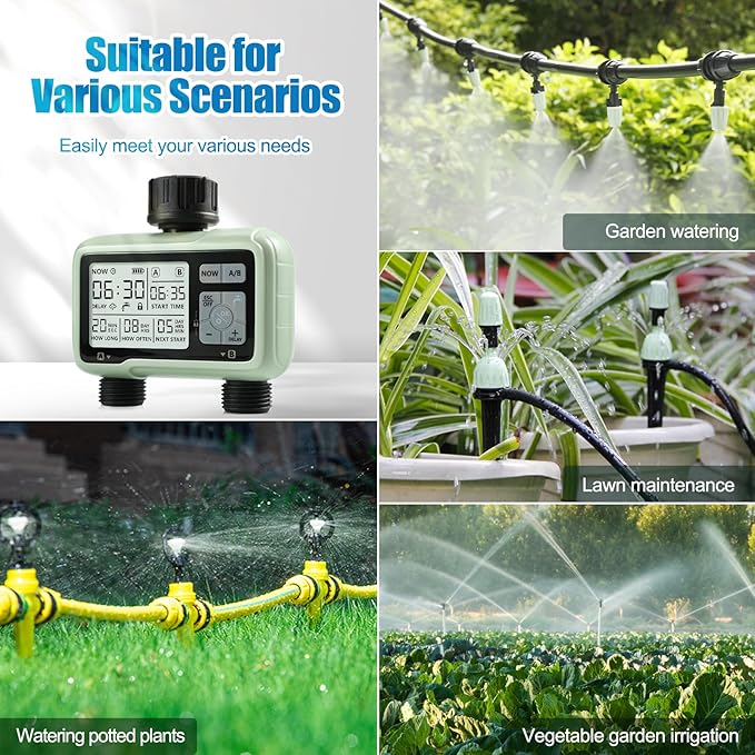 CROSOFMI Water Timer for Garden Hose,Sprinkler Timer with Rain Delay/Manual Watering/Automatic Irrigation Controller System - Water Hose Timer Programmable Faucet Timer for Yard Lawn,2 Outlet