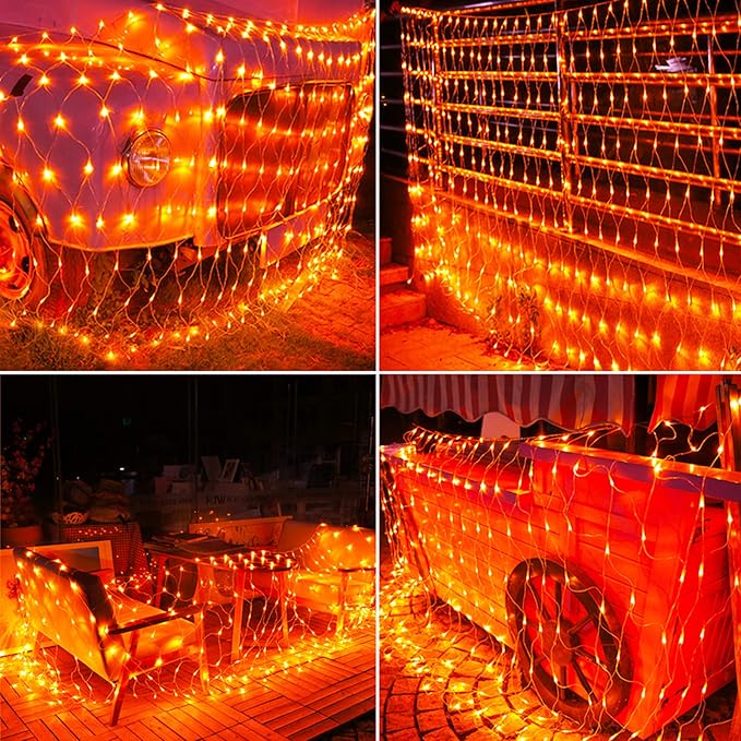 Joomer 12ft x 5ft 360LED Orange Halloween Net Lights Outdoor Mesh lights, 8 Modes Timer Connectable Waterproof Bush Lights Mesh Netting Lights for Halloween Outdoor Decorations (Clear Wire)