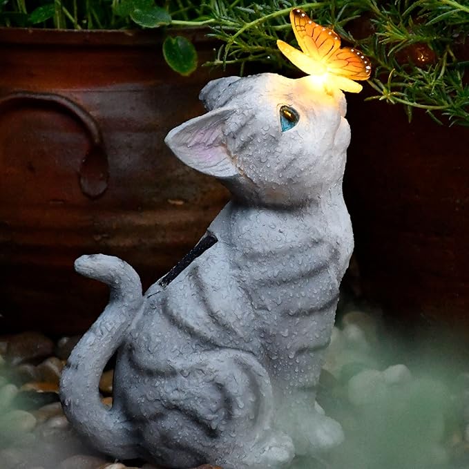 Cat Garden Figurines Outdoor Decor Solar Statue with LED Lights for Patio Lawn Yard Art Decoration Housewarming Garden Gift