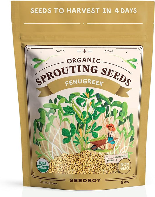 Organic Fenugreek Seeds for Sprouting - Non-GMO, USA Grown Fenugreek Microgreens Sprouting Seeds Mix - Makes 8 Quarts of Sprouts, 24 Servings (8 oz) (Fenugreek)