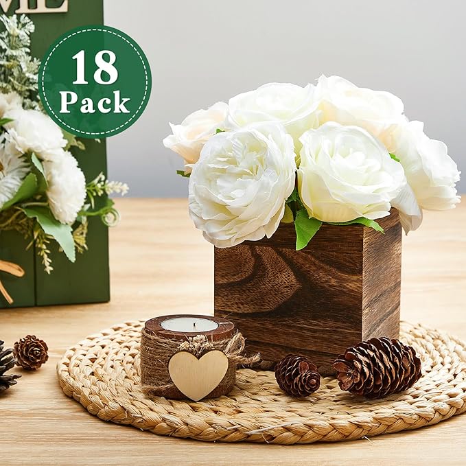 Dandat 18 Set Wood Cube Planter Box Square Wood Vase Rustic Cube Planter Box with Removable Plastic Liner Floral Foam Blocks for Centerpieces Home Wedding Garden Decor, Country Style (Brown)