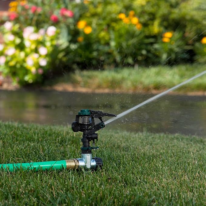 Melnor 65152AMZ Plastic Pulsating Sprinkler on Metal Spike, Quick Connect Amazon Bundle, Black, Green