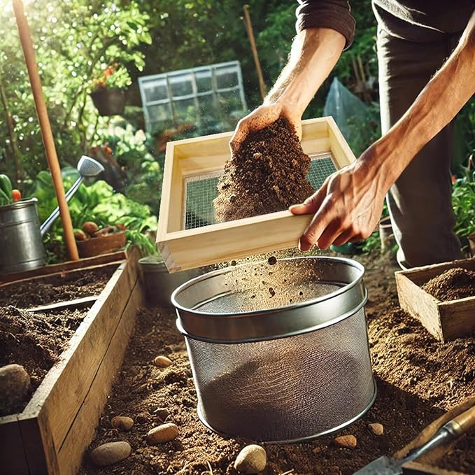 Wooden Soil Sifter for Gardening,13.7"x10.2" Rock Sifter with 2 Replaceable Mesh Screen (0.34"&0.47") Compost Sifter for Leaves, Rocks, Compost, Gravel, Soil