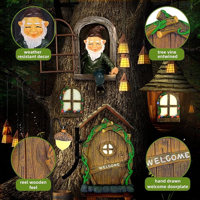 7 Pcs Fairy Garden Accessories Tree Hugger Gnome Statue Fairy Door Window Set Dwarf Elf Landscape Figurine Out The Door Resin Sculpture Hanging Tree Faces Decor for Trees Outdoor Decor