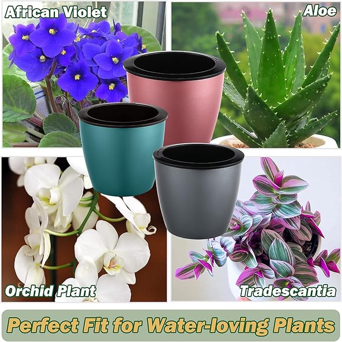 Planterhoma 6.7 Inch Self Watering Pots for Indoor Plants, 3 Packs African Violet Pots with Black Wick Pots, Self Watering Planters for Devil's Ivy, Indoor Plant Pots, Silver/Blue/Rose Gold