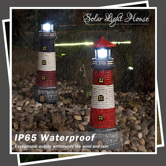 Garden Outdoor Statues, Waterproof Lighthouse Lights Lawn Decor; Automatic Rotating Solar Lights for Yard, Patio, Ground, Tabletop Decoration; Unique Housewarming Gifts - Red