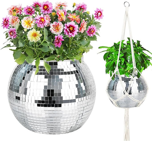 Disco Ball Planter, 1pcs 9” Silver Disco Ball Planter, Disco Ball Plant Hanger with Hanging Rope, Hanging Chain, Hook, Circle and Extra Mirror Pieces(9" Silver, 1pcs)