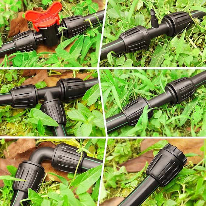 Drip Irrigation Fittings Kit for 1/2 Inch Tubing：1/2'' Drip Line Anti-Drop Barbed Locked Nut Connectors 18 Pieces Set Include 4 Couplings 4 Tees 2 Elbows 3 Valves 3 Reducing Tee 2 Plugs