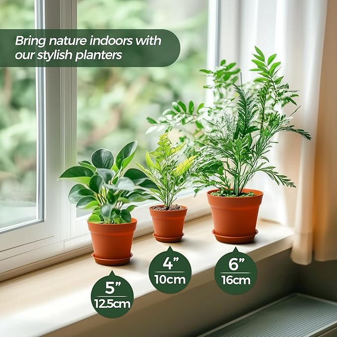 T4U 5 Inch Plastic Planters 18-Pack Small Plant Pot with Drainage Hole and Saucer, Decorative Nursery Flower Pot Bulk for African Violet, Aloe and All House Plants Indoor (Terracotta)