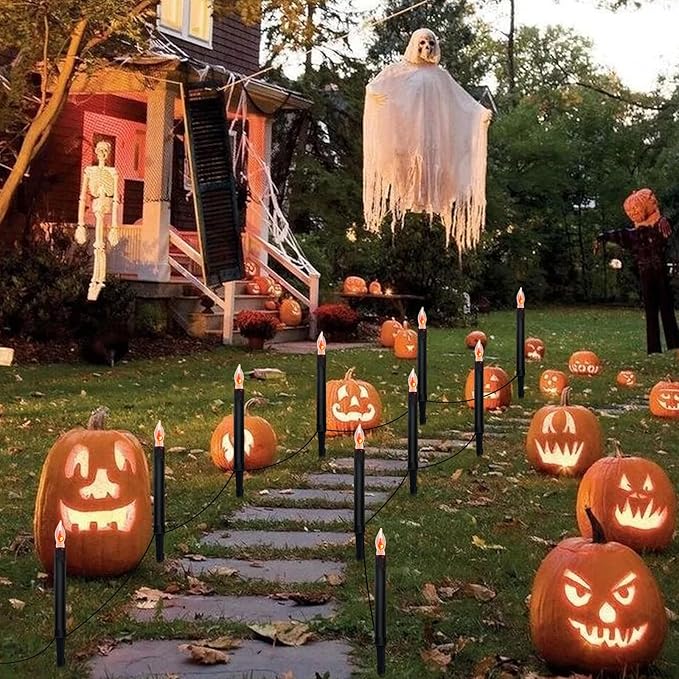 Halloween Pathway Lights Outdoor, 19.5Ft Halloween Pathway Marker String Lights with 10 C18 Flicker Flame Black Candles Stakes Lights Plug in Halloween Walkway Lights for Lawn Garden Sidewalk Driveway