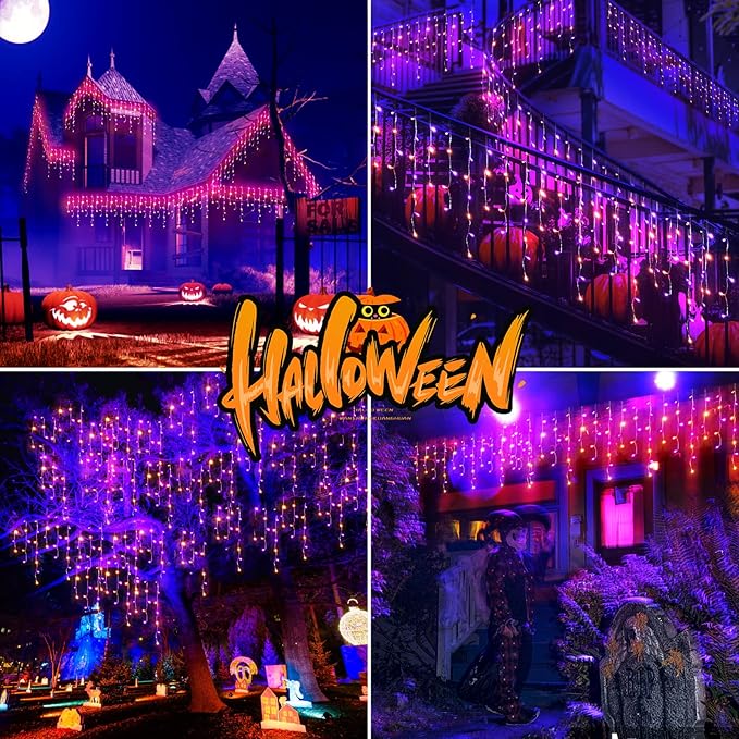 480 LED 49FT Halloween Lights Plug in 8 Modes with Timer Dimmable Halloween Decorations Outdoor Waterproof Indoor Curtain String Lights for Roof Porch Garden Holiday Wedding Party Decor Orange+Purple
