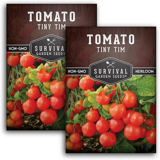 Survival Garden Seeds - Tiny Tim Tomato Seeds for Planting - 2 Packs with Instructions to Grow in Your Home Vegetable Garden - Non-GMO Heirloom Variety