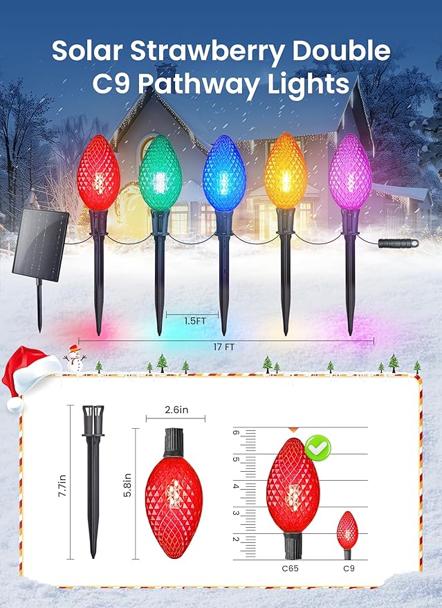 Minetom Solar Double C9 Strawberry Christmas Pathway Lights Outdoor -16FT 10 LED C9 Christmas Lights Outdoor with Timer,8 Modes, Solar Christmas Outdoor Decorations for Lawn Outside Walkway,Multicolor