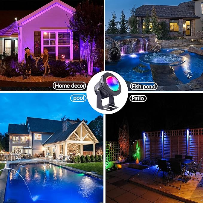 Spot Lights Outdoor 10W RGB Color Changing Low Voltage Landscape Lighting, IP67 Waterproof Outdoor Spotlight Remote Control Flood Light for Yard Garden House US Plug