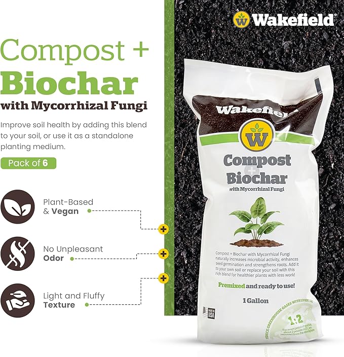 Wakefield Compost + Biochar with Mycorrhizal Fungi – Premium Aged Organic Compost with Mycorrhizal Fungi, Blended with 100% Biochar – 1 Gallon - Pack of 6