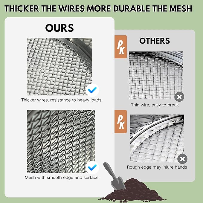 Soil Sifter for Gardening, Stainless Steel Sifting Pan Dirt Sifter, 9.5in Rock Sifter with 5 Sieve Mesh Filter Sizes(0.04",0.12",0.2",0.35",0.47")