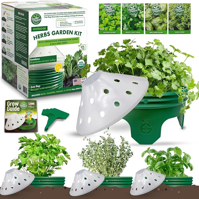 4 Herb Garden Kit with Grow Rings and Greenhouse Germination Domes – Certified Organic Herb Planter Kit – Gardening Gift for Mom, Teachers, Women, and Men – Made in USA