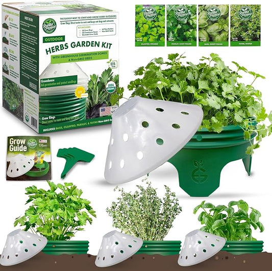 4 Herb Garden Kit with Grow Rings and Greenhouse Germination Domes – Certified Organic Herb Planter Kit – Gardening Gift for Mom, Teachers, Women, and Men – Made in USA