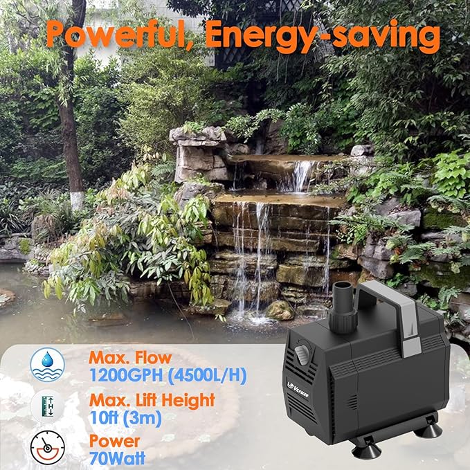 Submersible Water Pump 1200GPH/70W Fountain Pumps with Flow Control, Pond Pump Submersible Outdoor with 10ft 3-Core Power cable for Hydroponics, Aquarium, Waterfall, Statuary, Water feature