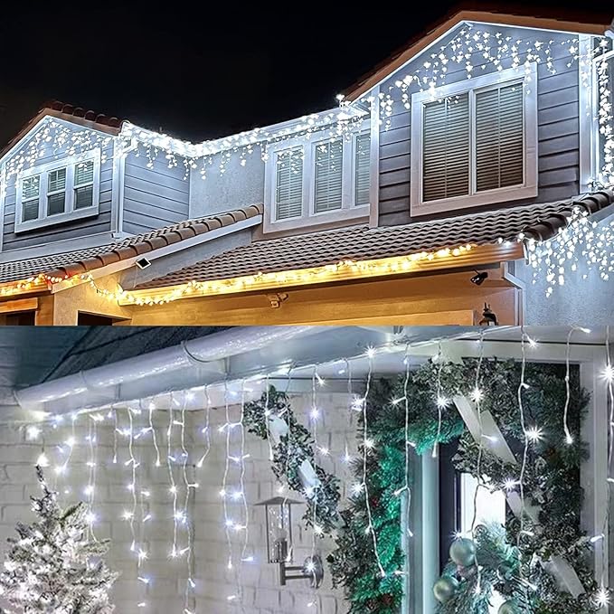 Upgraded Solar Christmas Icicle Lights,304 LED Outdoor Christmas Decorations 8 Modes Waterproof Solar Icicle Lights for Patio Yard Garden Wedding Party House Xmas Tree Roof Decorations(Cool White)