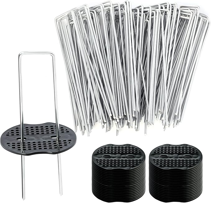 100 pcs 6 inch U-Shaped Landscape Staples and 100 pcs Fixing Gasket Sets, Garden Landscape Staples are Suitable for Outdoor Irrigation Hoses,Fixed Fences,Artificial Turf Nails and Tents.