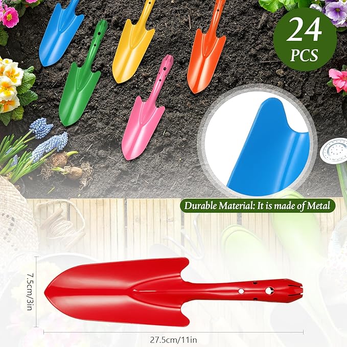 Mini Colorful Metal Hand Shovel Digging Trowel Set Transplanting Garden Shovel for Flower Soil Planting Succulent Kids Teens Women Men Gift Indoor Outdoor, 6 Colors (24 Pcs,11 x 3 Inch)