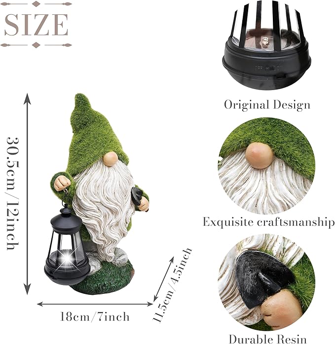 TERESA'S COLLECTIONS Christmas Outdoor Statue for Home, Resin Gnome Decorations with Solar Outdoor Lights for Garden Decor,Green Garden Sculptures & Statues for Front Patio Lawn, Gifts for Mom,12"