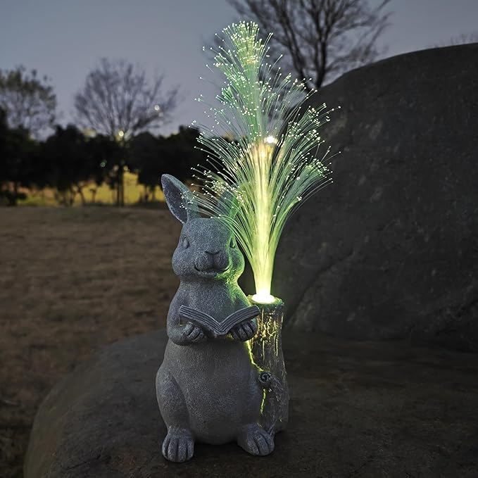 Rabbit Solar Garden Statues,Resin Rabbit Figurine Reading a Book and 7-Color Changing Optical Fiber with Solar Lights, Lawn Decor Outdoor Statue for Patio,Balcony,Yard,Lawn Ornament