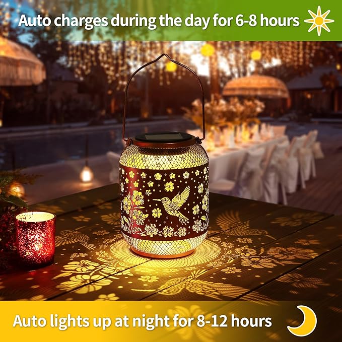 2 Pack Solar Lanterns Outdoor Waterproof Hummingbird Garden Decor Birthday Gifts for Women Mom Grandma Hanging Solar Lights Metal Decoration Outside for Yard, Patio, Backyard, Porch, Pathway