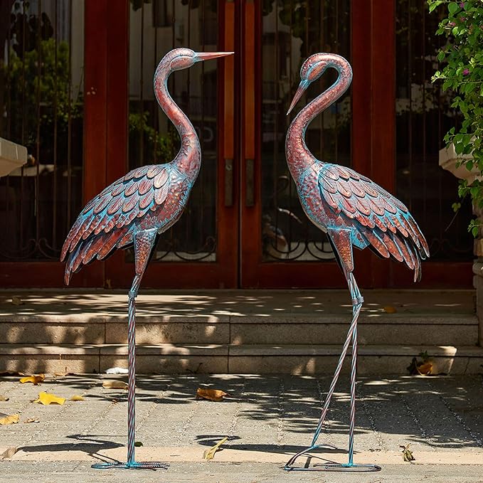 Kircust Garden Crane Statues Patina Heron Decoy, Standing Metal Crane Sculptures Bird Yard Art for Outdoor Decor, Set of 2