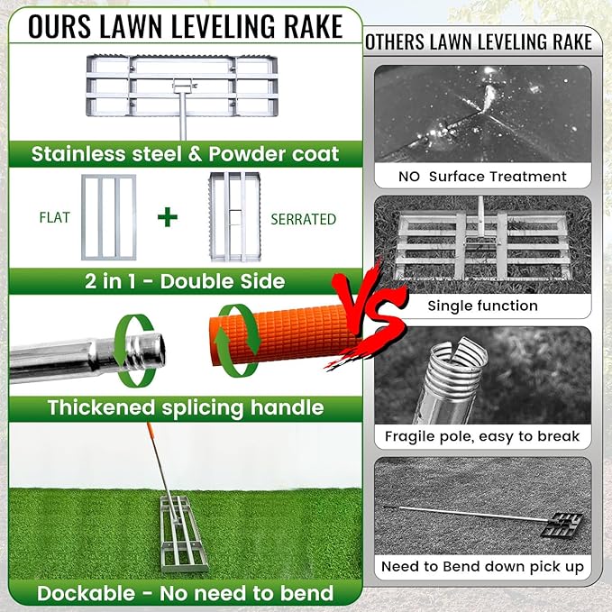 Lawn Leveling Rake, 30in | Double Side can Switch, with 20pc Marking Flags to Mark Low Spot, Stainless + Powder-Coat, FLAT Level Soil/Dirt/Compost on Lawn, SERRATED Rake Dead Grass/Ruts/Gravel on Yard